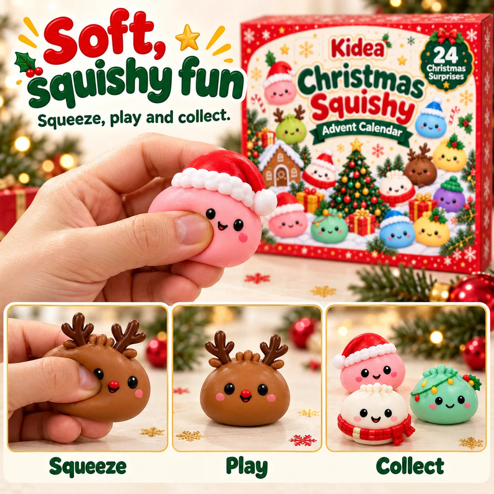 Ett barn klämmer på en mjuk squishy med tomteluva bredvid Kideas julkalender